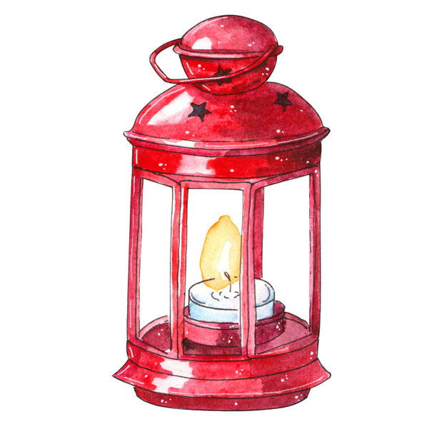 Acuarela tradicional linterna roja con vela. Linterna de Navidad pintada a mano sobre fondo blanco para el diseño, impresión. Decoración de Navidad
 - Foto, imagen