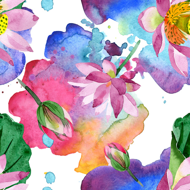 Beautiful purple lotus flowers isolated on white. Watercolor background illustration. Watercolour aquarelle. Seamless background pattern. Fabric wallpaper print texture - Fotó, kép