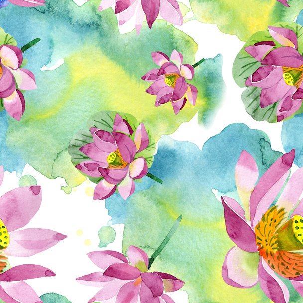 Beautiful purple lotus flowers isolated on white. Watercolor background illustration. Watercolour aquarelle. Seamless background pattern. Fabric wallpaper print texture - Photo, Image