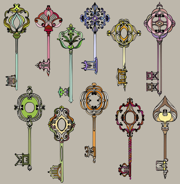 Set of beautiful and colorful vintage keys. - Vector, afbeelding