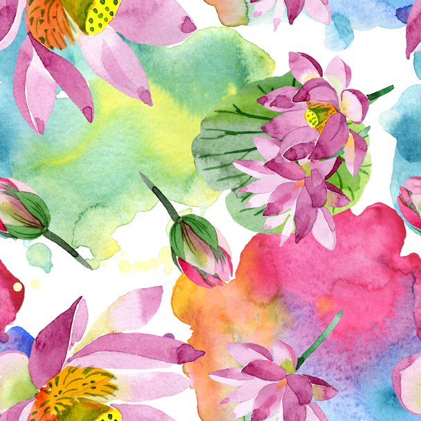 Beautiful purple lotus flowers isolated on white. Watercolor background illustration. Watercolour aquarelle. Seamless background pattern. Fabric wallpaper print texture - Foto, Bild