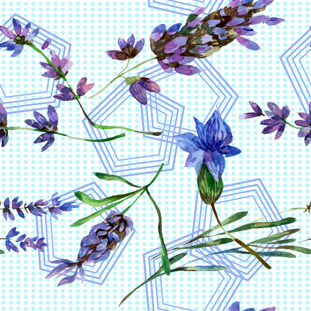 美しい紫色のラベンダーの花は白で隔離。水彩画背景イラスト。水彩描画ファッション aquarelle。シームレスな背景パターン. - 写真・画像