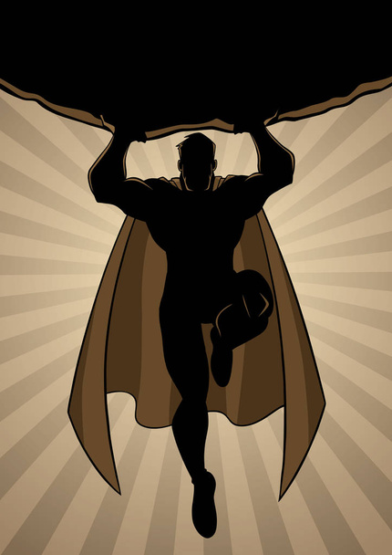 Full length cartoon illustration of a powerful and healthy super boy, flying against ray light background - Vektor, obrázek