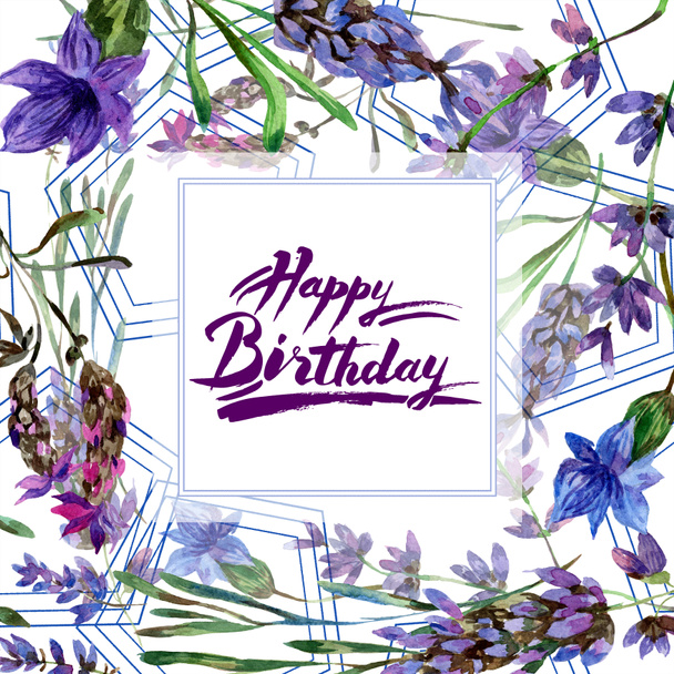 Beautiful purple lavender flowers isolated on white. Watercolor background illustration. Watercolour drawing fashion aquarelle. Frame border ornament. Happy birthday card  - Фото, изображение