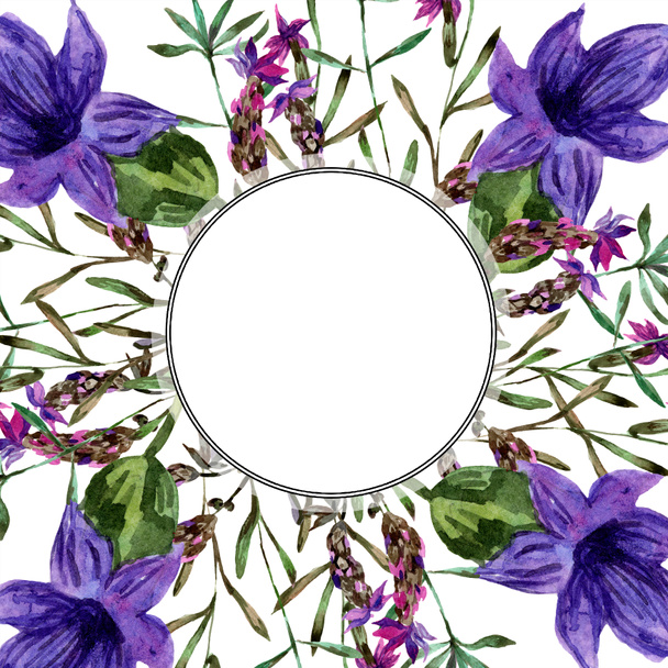 Beautiful purple lavender flowers isolated on white. Watercolor background illustration. Watercolour drawing fashion aquarelle. Frame border ornament. - Photo, image