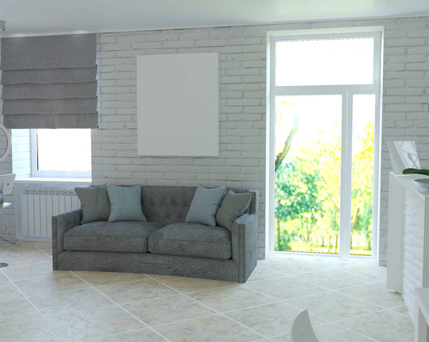 τρισδιάστατη απεικόνιση του interior design με γκρι καναπέ - Φωτογραφία, εικόνα