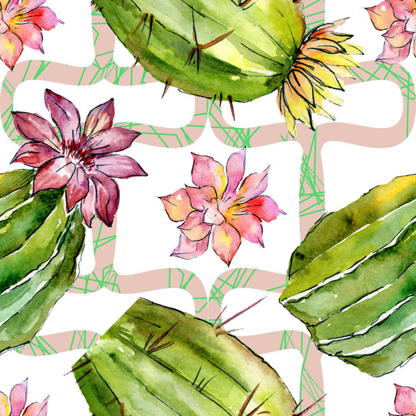 Green cactuses. Watercolor background illustration. Watercolour aquarelle isolated. Seamless background pattern. Fabric wallpaper print texture. - Photo, Image