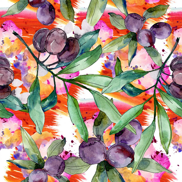Black olives on branches with green leaves. Botanical garden floral foliage. Watercolor background illustration. Seamless background pattern. Fabric wallpaper print texture. - 写真・画像