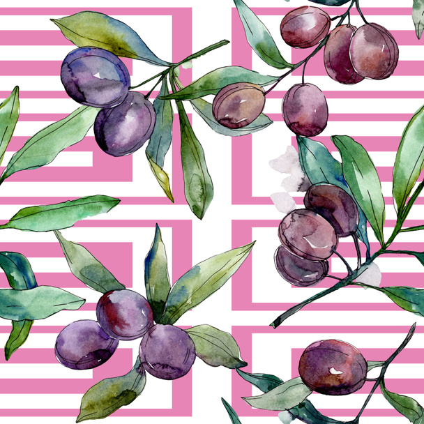 Black olives on branches with green leaves. Botanical garden floral foliage. Watercolor background illustration. Seamless background pattern. Fabric wallpaper print texture. - Photo, Image