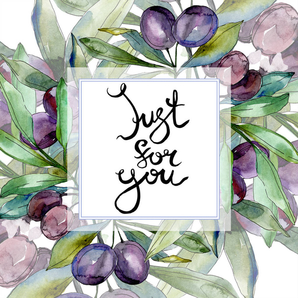 Olives on branches with green leaves. Botanical garden floral foliage. Watercolor illustration on white background. Square frame. Just for you handwriting monogram calligraphy. - Фото, зображення