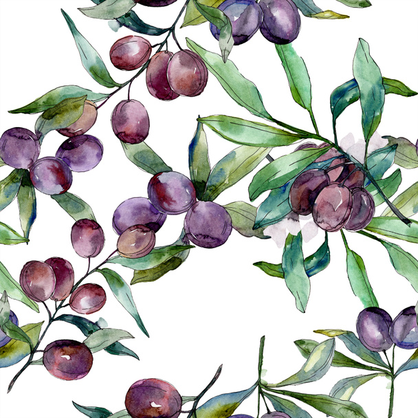 Black olives on branches with green leaves. Botanical garden floral foliage. Watercolor background illustration. Seamless background pattern. Fabric wallpaper print texture. - Zdjęcie, obraz