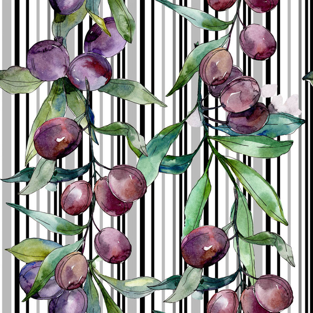 Black olives on branches with green leaves. Botanical garden floral foliage. Watercolor background illustration. Seamless background pattern. Fabric wallpaper print texture. - Fotó, kép