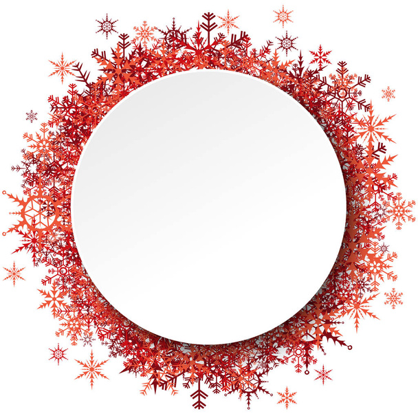 red snowflakes behind empty round frame for christmas winter greetings on white background - Vektor, obrázek