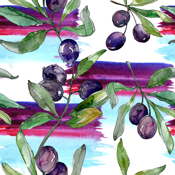 Black olives on branches with green leaves. Botanical garden floral foliage. Watercolor background illustration. Seamless background pattern. Fabric wallpaper print texture. - Foto, Bild