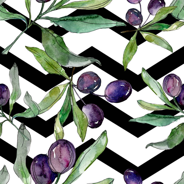 Μαύρες ελιές σε κλάδους με πράσινα φύλλα. Βοτανικός κήπος λουλουδιών φύλλωμα. Ακουαρέλα φόντο εικόνα. Απρόσκοπτη υπόβαθρο μοτίβο. Ύφασμα ταπετσαρία υφή. - Φωτογραφία, εικόνα