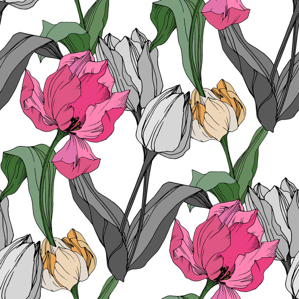 Vetor Tulipa gravada arte da tinta. Floral flor botânica. Padrão de fundo sem costura. Tecido papel de parede impressão textura
. - Vetor, Imagem