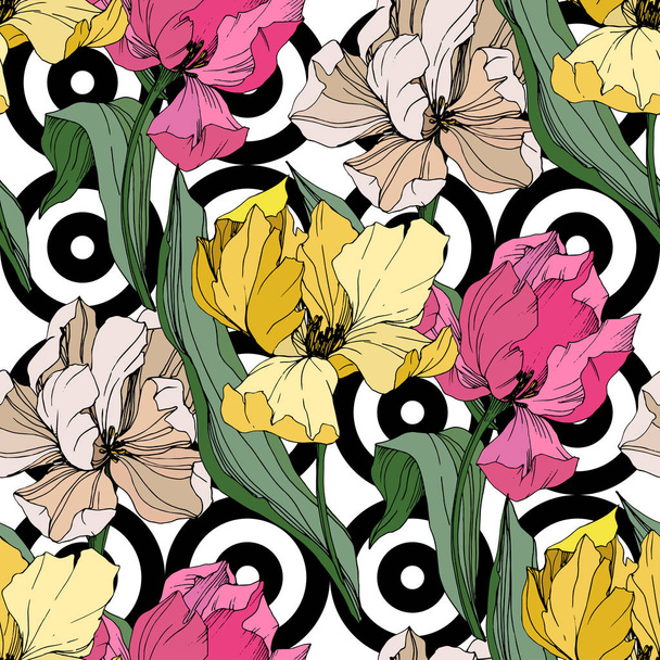Vector Tulip gegraveerd inkt kunst. Floral botanische bloem. Naadloze achtergrondpatroon. Structuur behang print textuur. - Vector, afbeelding