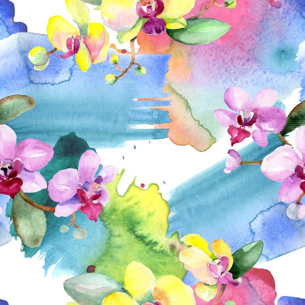 Nádherné květy orchidejí se zelenými listy. Ilustrace akvarel zázemí. Vzor bezešvé pozadí. Fabric tapety tisku textura. - Fotografie, Obrázek