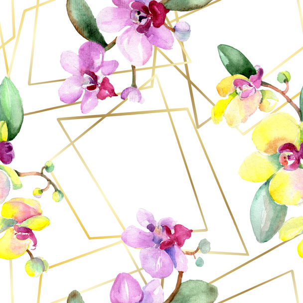 Beautiful orchid flowers with green leaves. Watercolor background illustration. Seamless background pattern. Fabric wallpaper print texture. - Foto, imagen