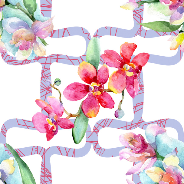 Красивые цветы орхидеи с зелеными листьями. Акварельная фоновая иллюстрация. Бесшовный рисунок фона. Текстура ткани для печати обоев
. - Фото, изображение