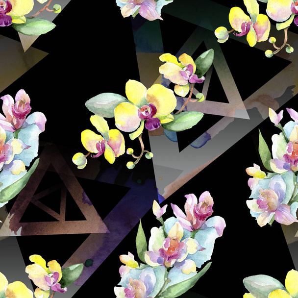 Hermosas flores de orquídea con hojas verdes. Ilustración de fondo acuarela. Patrón de fondo sin costuras. Textura de impresión de papel pintado de tela
. - Foto, imagen