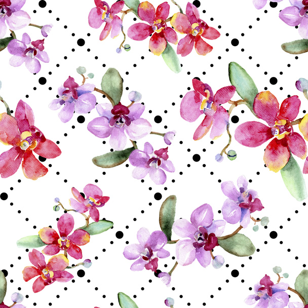 Beautiful orchid flowers with green leaves. Watercolor background illustration. Seamless background pattern. Fabric wallpaper print texture. - Фото, зображення