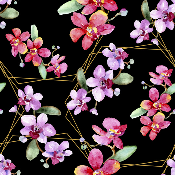 schöne Orchideenblüten mit grünen Blättern. Aquarell-Hintergrundillustration. nahtlose Hintergrundmuster. Stoff Tapete drucken Textur. - Foto, Bild