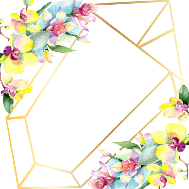 Beautiful orchid flowers with green leaves isolated on white. Watercolor background illustration. Watercolour drawing fashion aquarelle. Frame border ornament. - 写真・画像