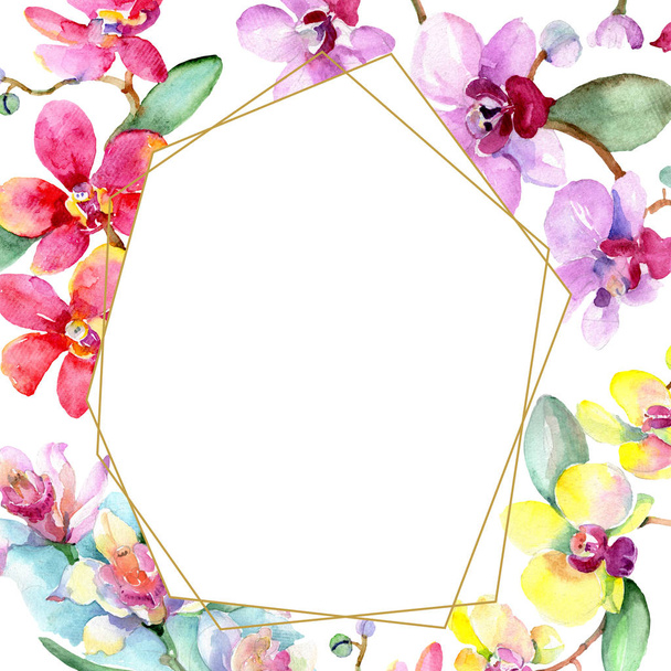 Beautiful orchid flowers with green leaves isolated on white. Watercolor background illustration. Watercolour drawing fashion aquarelle. Frame border ornament. - Fotoğraf, Görsel