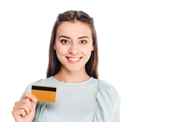portrait of smiling woman with credit card isolated on white - Фото, изображение