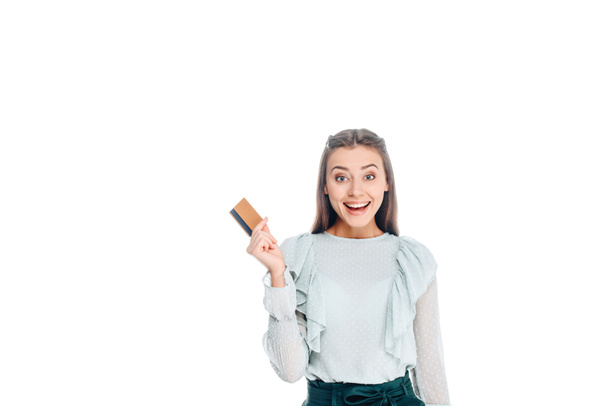 portrait of happy woman with credit card isolated on white - Foto, Imagen