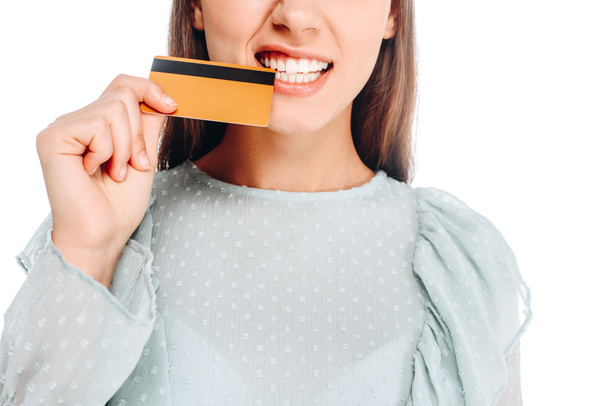 cropped shot of woman with credit card isolated on white - 写真・画像