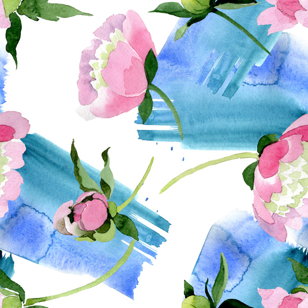 Beautiful pink peony flowers with green leaves isolated on white background. Watercolour drawing aquarelle. Seamless background pattern. Fabric wallpaper print texture. - Valokuva, kuva