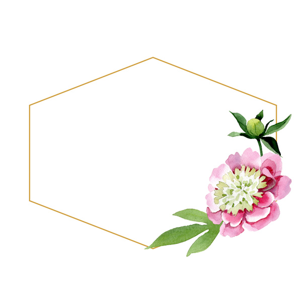 Beautiful pink peony flower with bud and green leaves isolated on white background. Watercolour drawing aquarelle. Frame border ornament. Diamond jewelry mineral. - Fotoğraf, Görsel