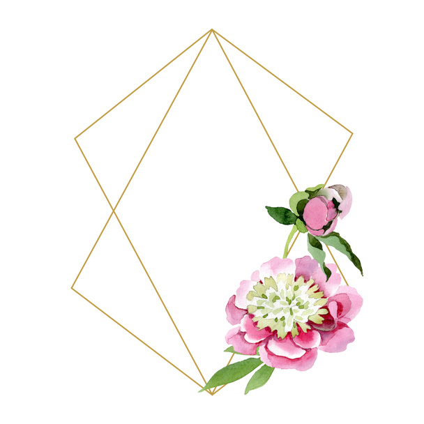 Beautiful pink peony flowers with green leaves isolated on white background. Watercolour drawing aquarelle. Frame border ornament. Diamond jewelry mineral. - 写真・画像
