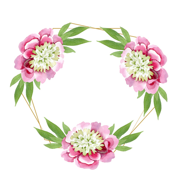 Όμορφο ροζ παιωνία λουλούδια με τα πράσινα φύλλα που απομονώνονται σε λευκό φόντο. Ακουαρέλα σχεδίασης ακουαρέλα. Πλαίσιο συνόρων στολίδι. - Φωτογραφία, εικόνα