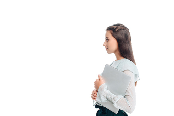 sivunäkymä nainen kannettavan eristetty valkoinen
 - Valokuva, kuva