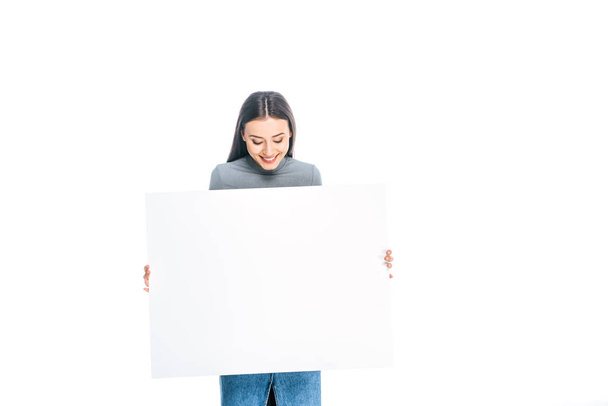 stylish young woman holding blank banner isolated on white - Φωτογραφία, εικόνα