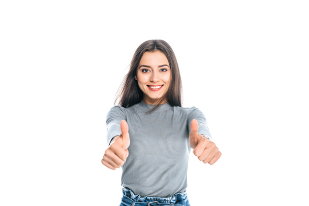 portrait of beautiful smiling woman showing thumbs up isolated on white - Fotó, kép