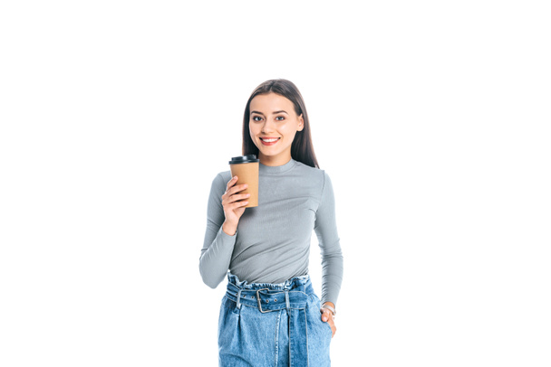 portrait of cheerful young woman with coffee to go isolated on white - Fotografie, Obrázek