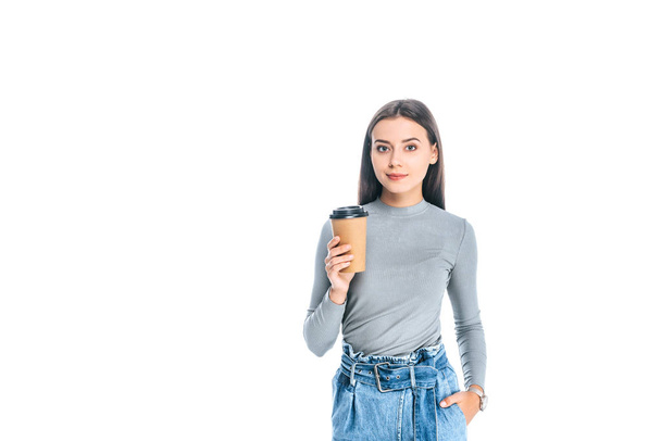 portrait of attractive woman with coffee to go isolated on white - 写真・画像