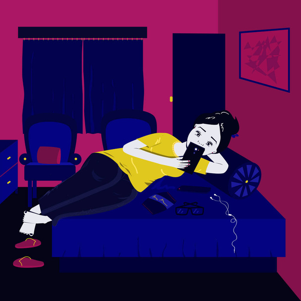 Девушка делает пропуск время, девушка с помощью телефона, удобно на кровати, без социального взаимодействия, контрастные цвета, телефонный пользователь, телефонный наркоман
,  - Вектор,изображение