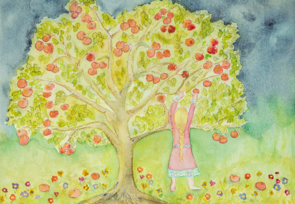 Meisje met gevlochten haar oogsten van appels. De deppen techniek in de buurt van de randen geeft een zachte focus effect als gevolg van de veranderde oppervlakteruwheid van het papier - Foto, afbeelding