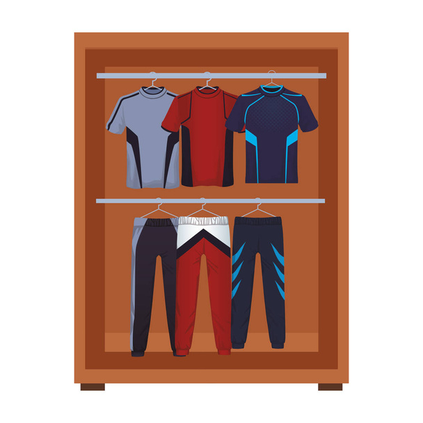 Sportovní oblečení pro muže uvnitř dřevěné closeth vektorové ilustrace grafický design - Vektor, obrázek