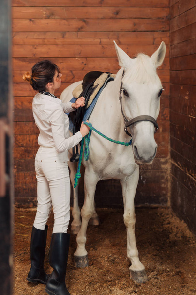 Αναβάτης κορίτσι προετοιμασία άλογο για ιππασία στο σταθερό - Φωτογραφία, εικόνα