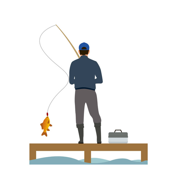 Wooden Placing and Fisher Catching a Fish Banner - Vector, Image