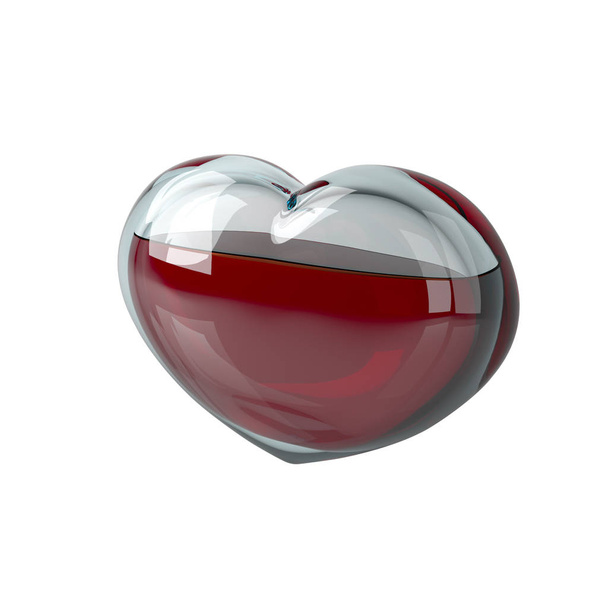 Glass heart filled with red liquid like blood isolated on white background and clipping path.. The heart as a vessel. Concept: the heart is filled with life, love, blood donor. 3D-visualization. - Fotó, kép