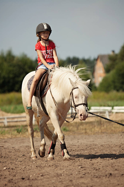 Een jong meisje en witte pony paard op platteland, Litouwen - Foto, afbeelding