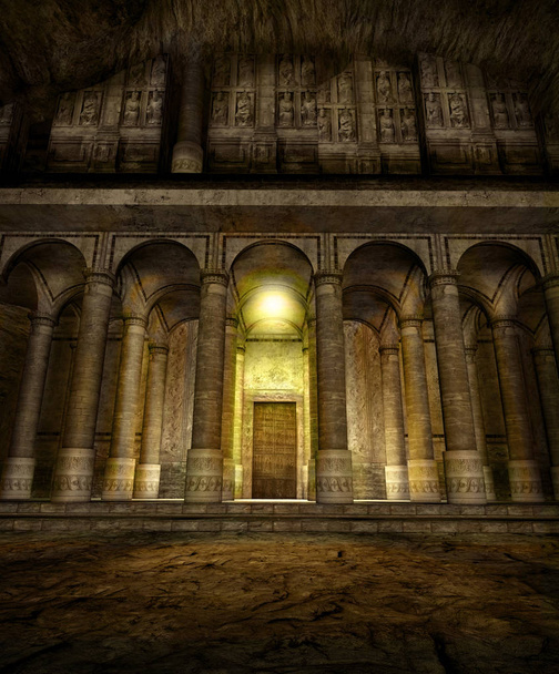 Fantasía telón de fondo Entrada Templo Cueva Enana, 3d render illustration
 - Foto, imagen