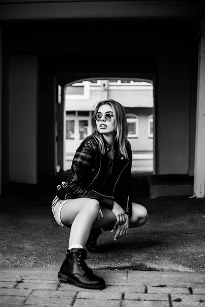 Beauty woman portrait in the street, outdoor portrait, fashion model, tattoo, hipster style, sunglasses, brutal - Photo, image